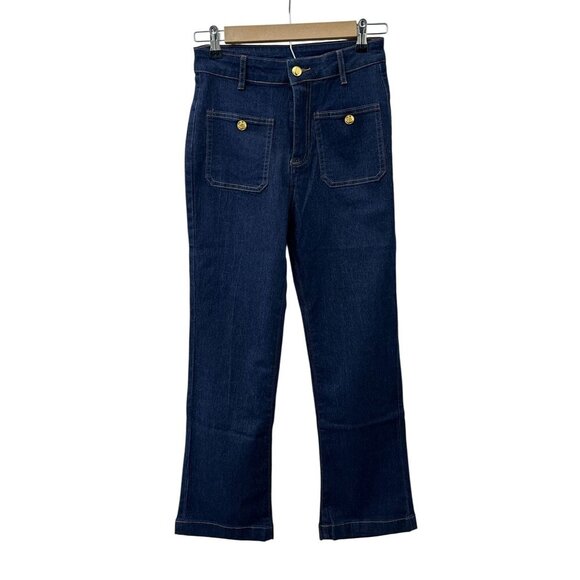 Sailor Slim Wide Leg Jeans‎ Crest Gold Button Dark Wash Blue Denim Women XS/26 - Picture 1 of 13